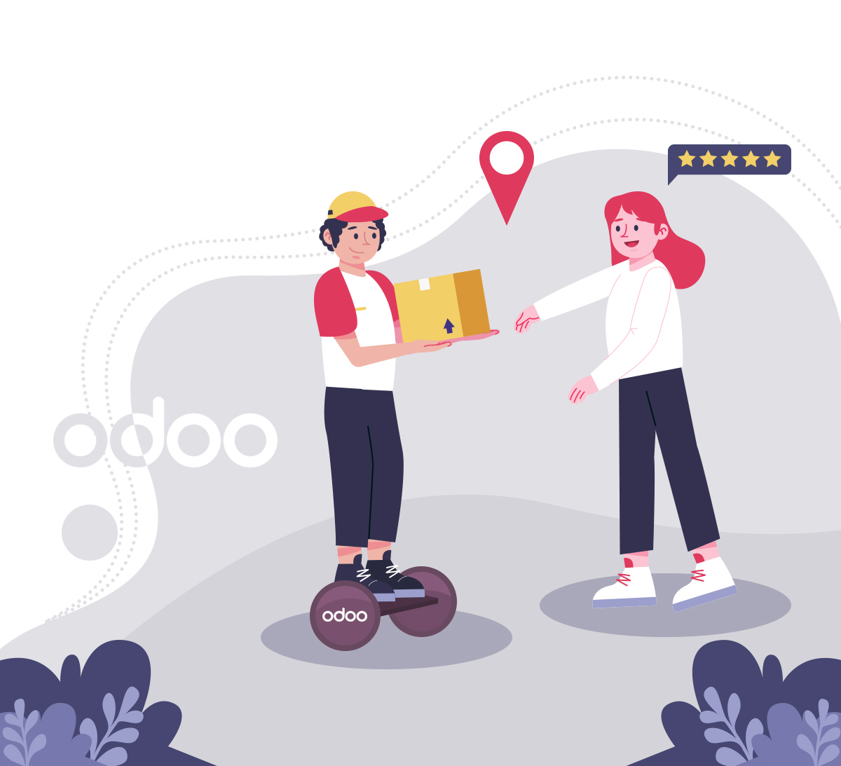 animation showing a man on an odoo hoverboard delivering a package to a woman