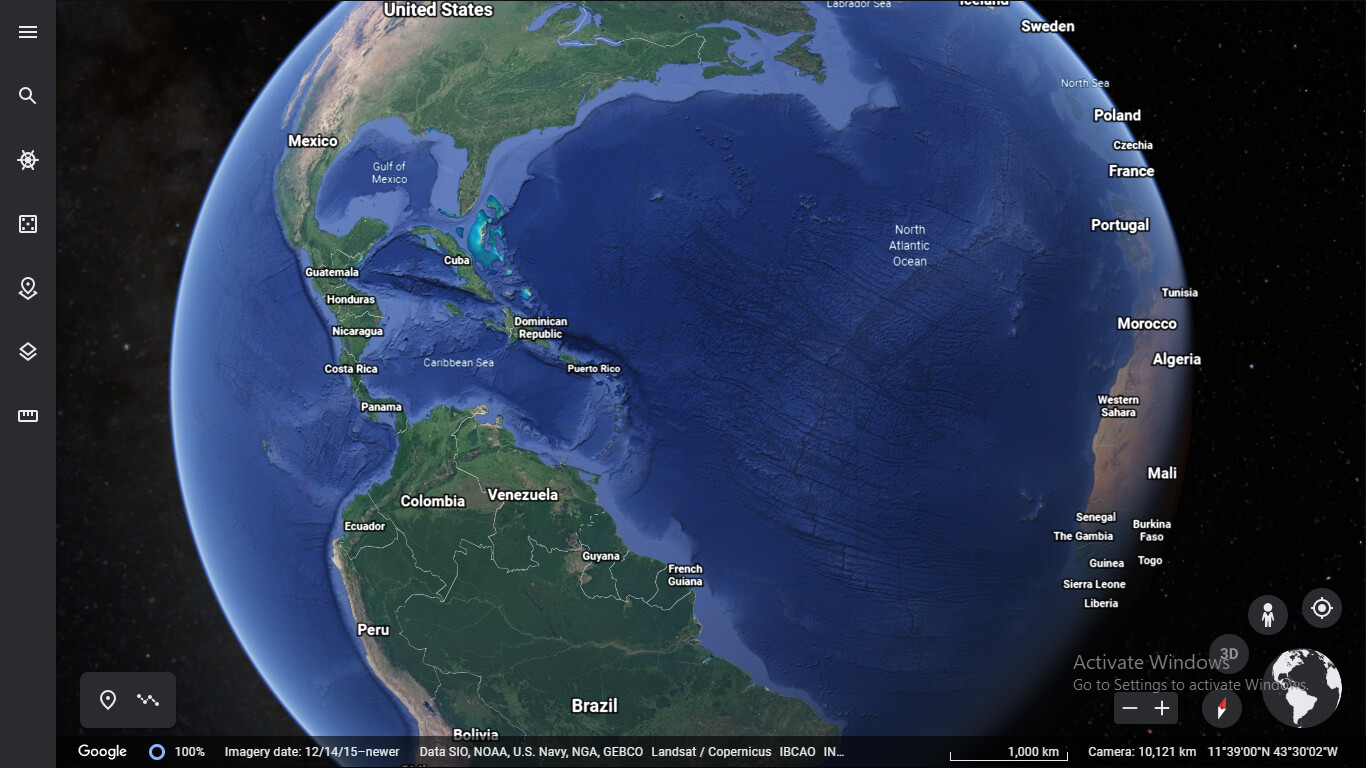 A satellite view map of the world showing distances, directions, and extract imagery